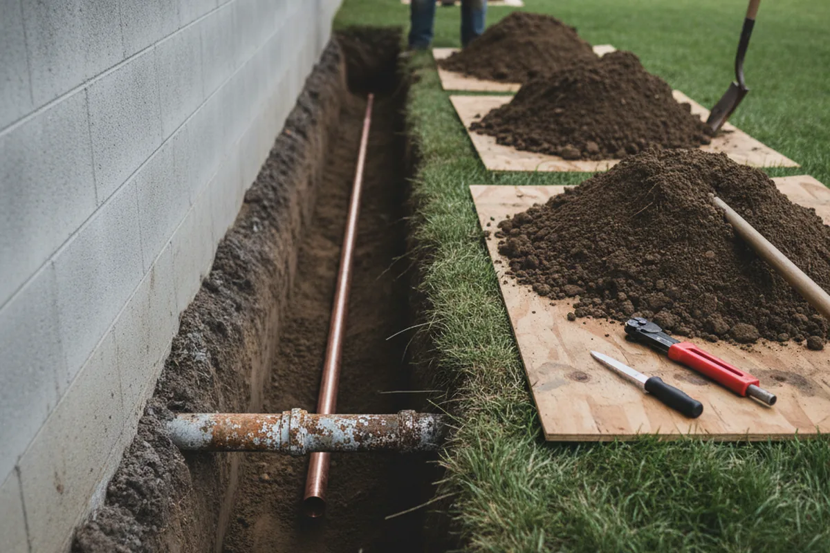 Excavated water line trench during Water Softener Installation in Montello